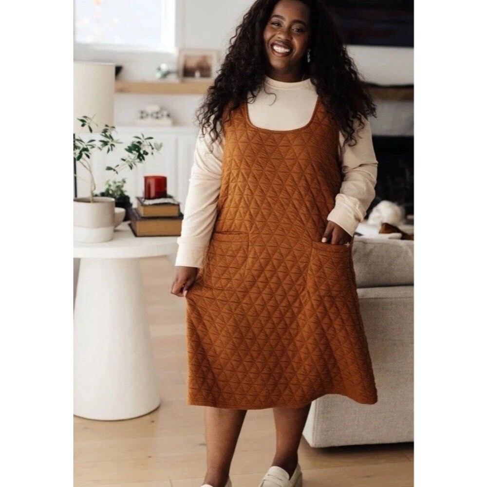 Polagram Quilted Sleeveless Pinafore Dress in Rust